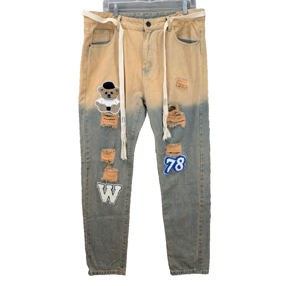 Men's Teddy Bear Patchwork Distressed Varsity Jeans Size 36 Cotton Streetwear